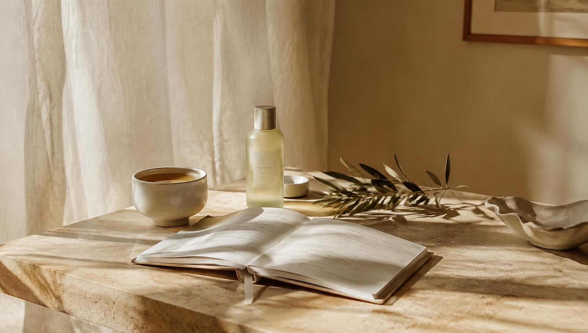 Sunlit table with journal, tea and olive branch