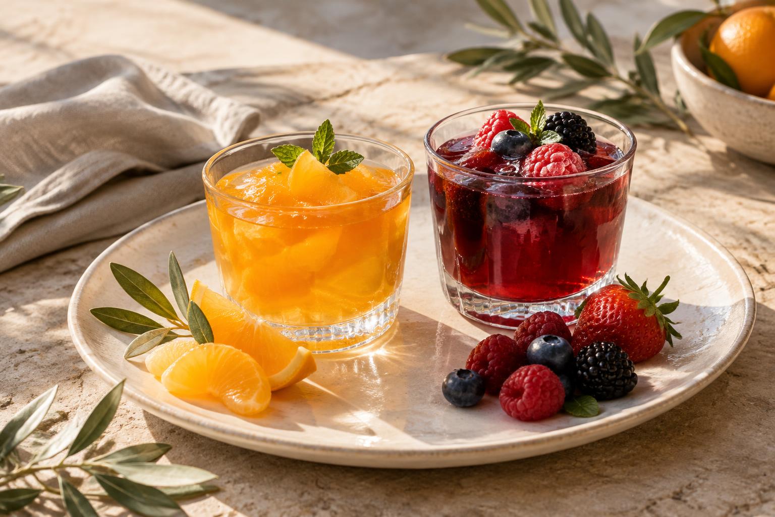 Citrus and berry jelly in clear glasses on a Mediterranean table
