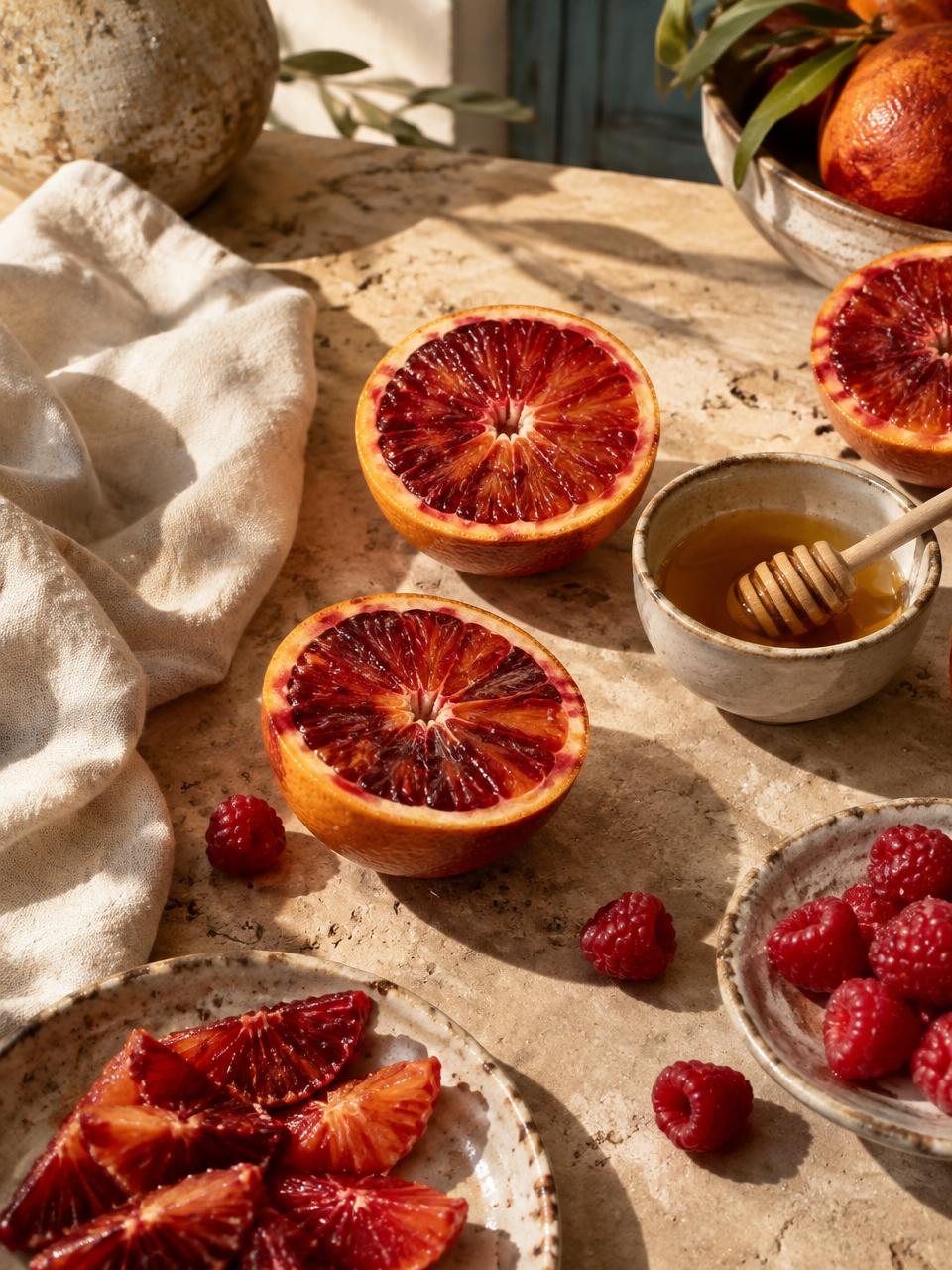 Halved blood oranges, raspberries and a ceramic bowl of honey on linen and travertine.