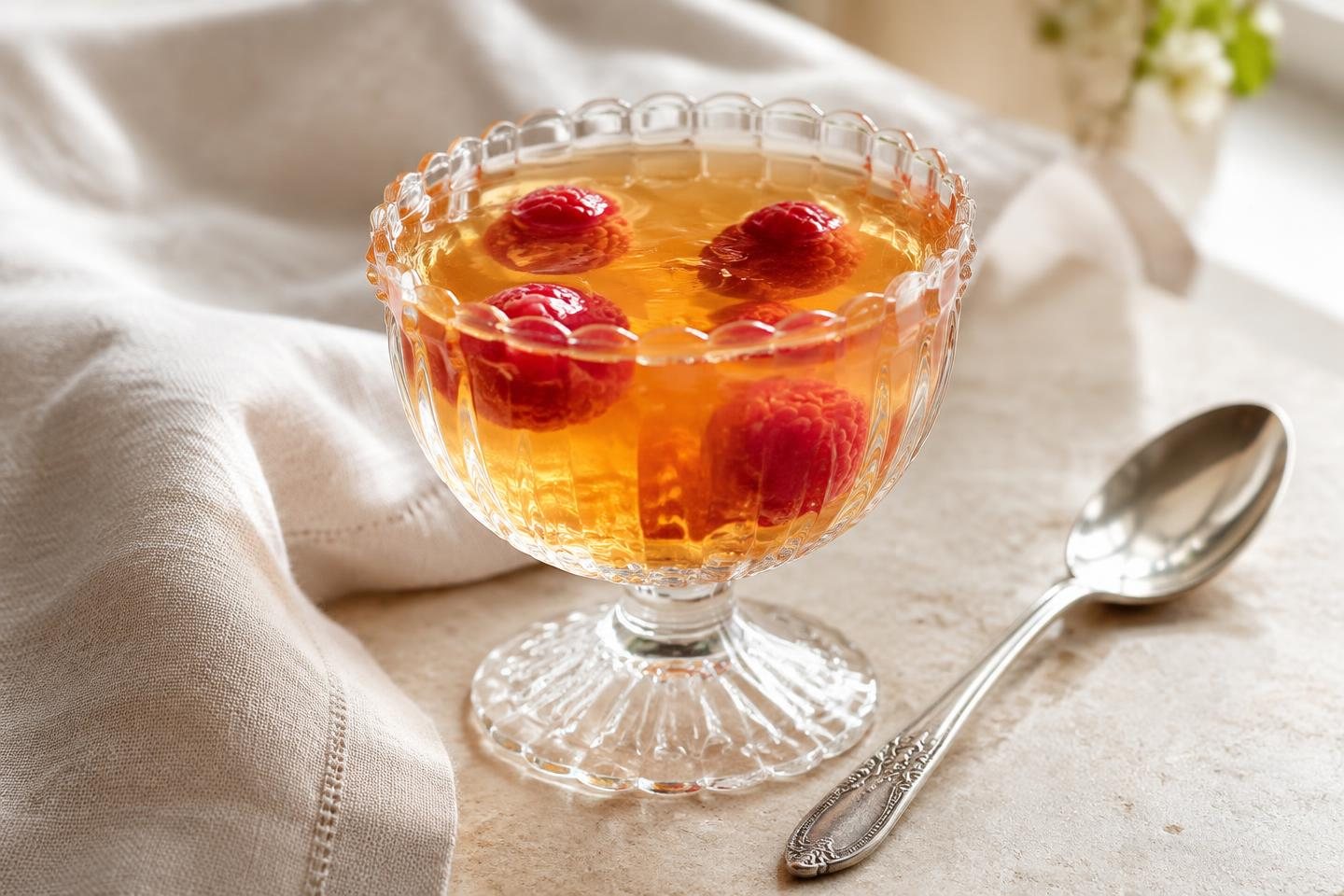 Pale amber citrus jelly with suspended raspberries in a fluted glass beside a silver spoon.