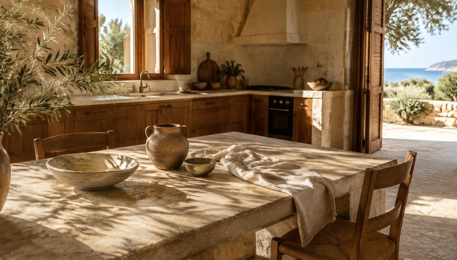 A Mediterranean kitchen with wooden shutters, handmade ceramics and olive-leaf shadows on a linen-covered stone table.