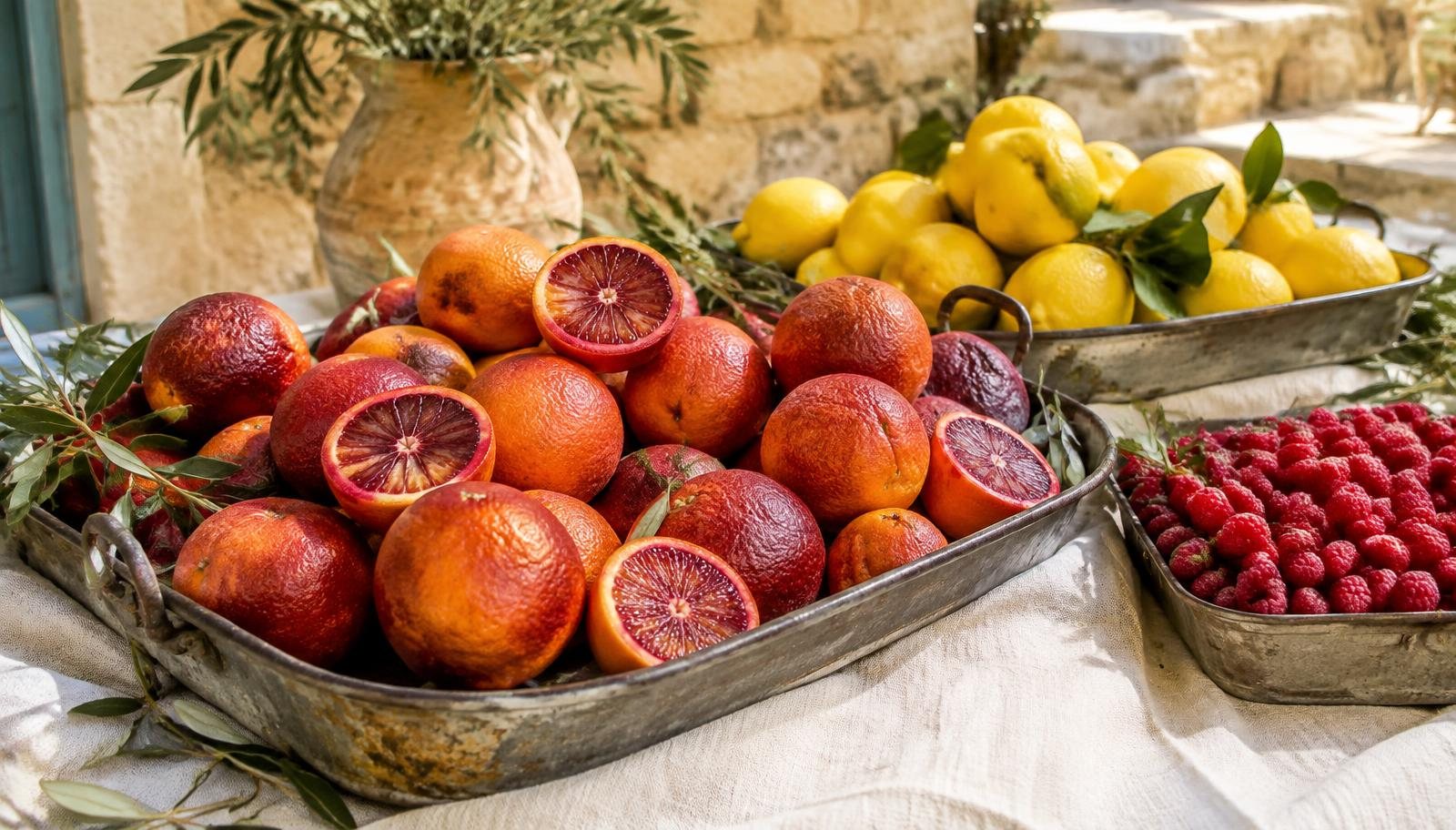 Blood oranges, lemons and raspberries in vintage trays in Mediterranean sunlight.
