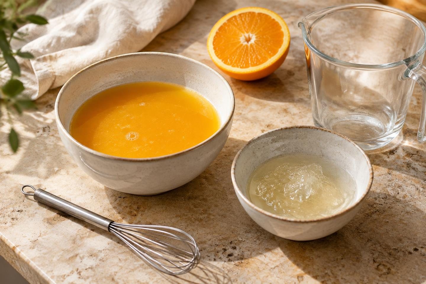 Orange juice and bloomed culinary gelatin in separate ceramic bowls beside a whisk and glass measuring cup.