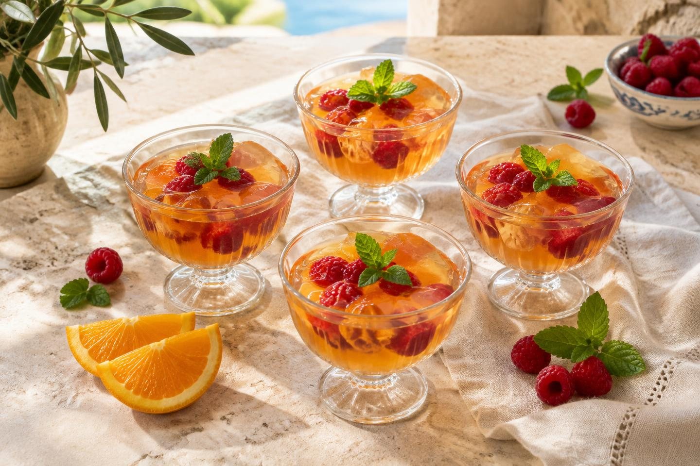 Four small orange and berry jellies in vintage dessert glasses with raspberries, mint and citrus slices on limestone.