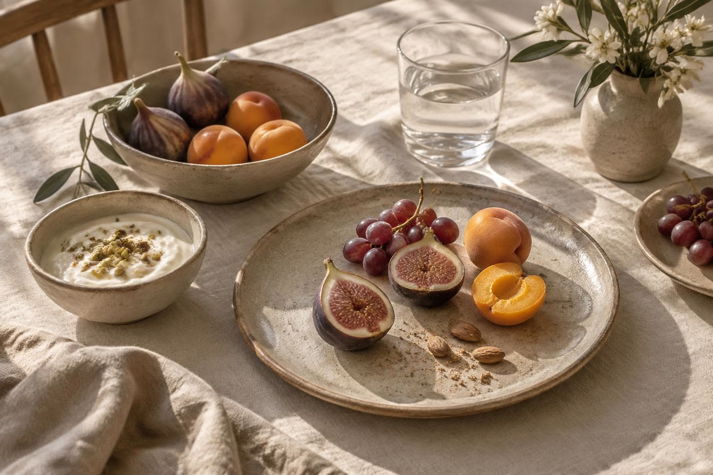 A simple breakfast on a linen-covered table: figs, apricots and grapes on stoneware, a bowl of yoghurt with pistachios and a glass of water.