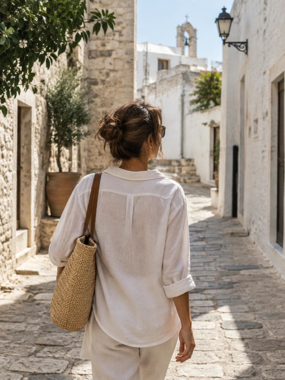 A woman in an ivory linen shirt, seen from behind, walking along a sunlit stone lane between pale Mediterranean houses.