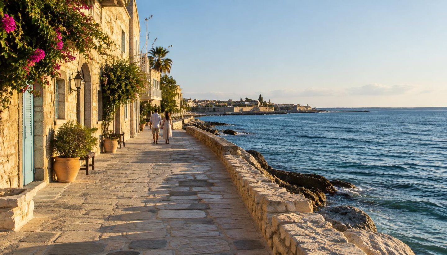 Two adults walking beside honey-coloured stone buildings on a sunlit Mediterranean coastal promenade.