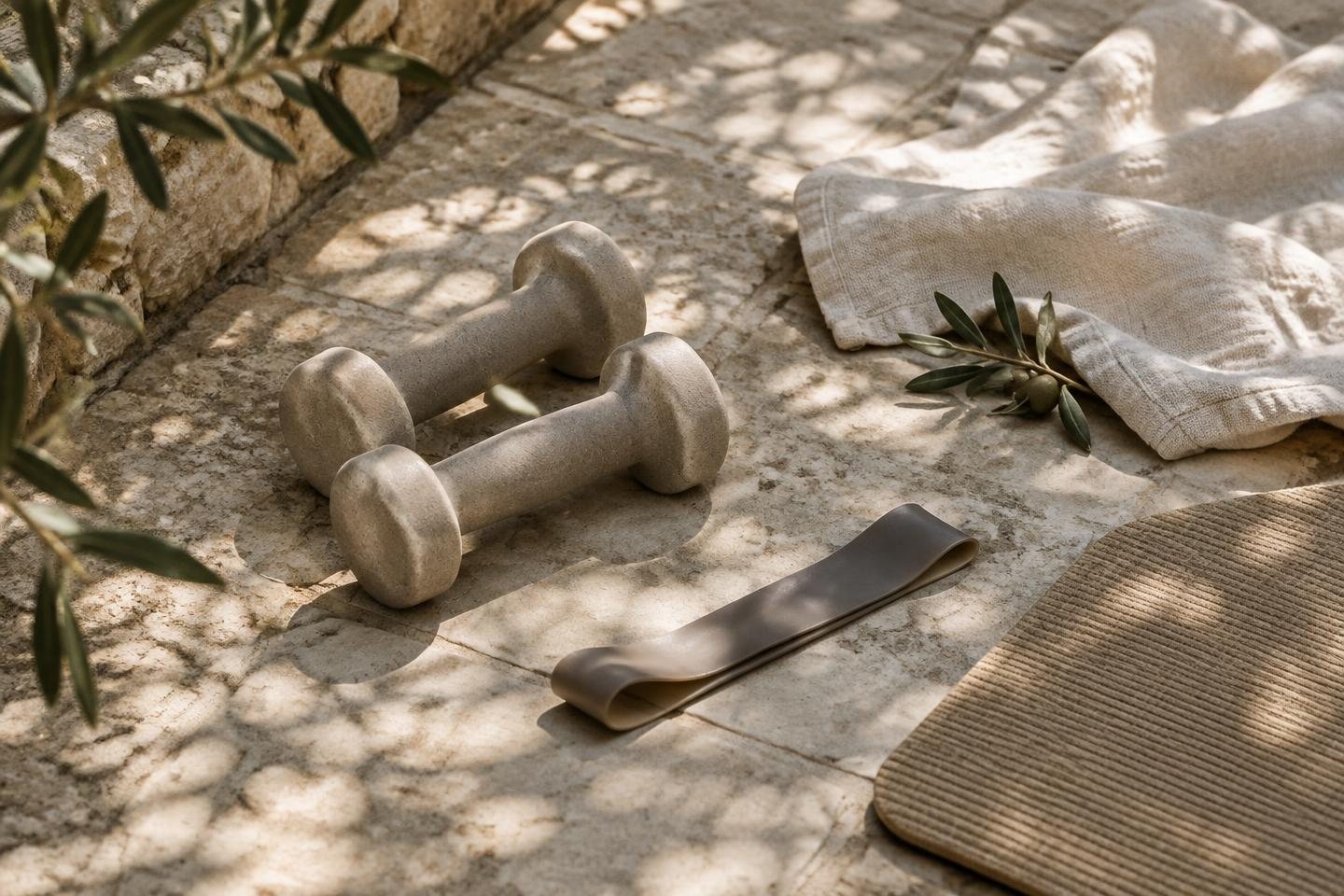 Light dumbbells, a resistance band and a mat beside a linen towel on a shaded limestone terrace.