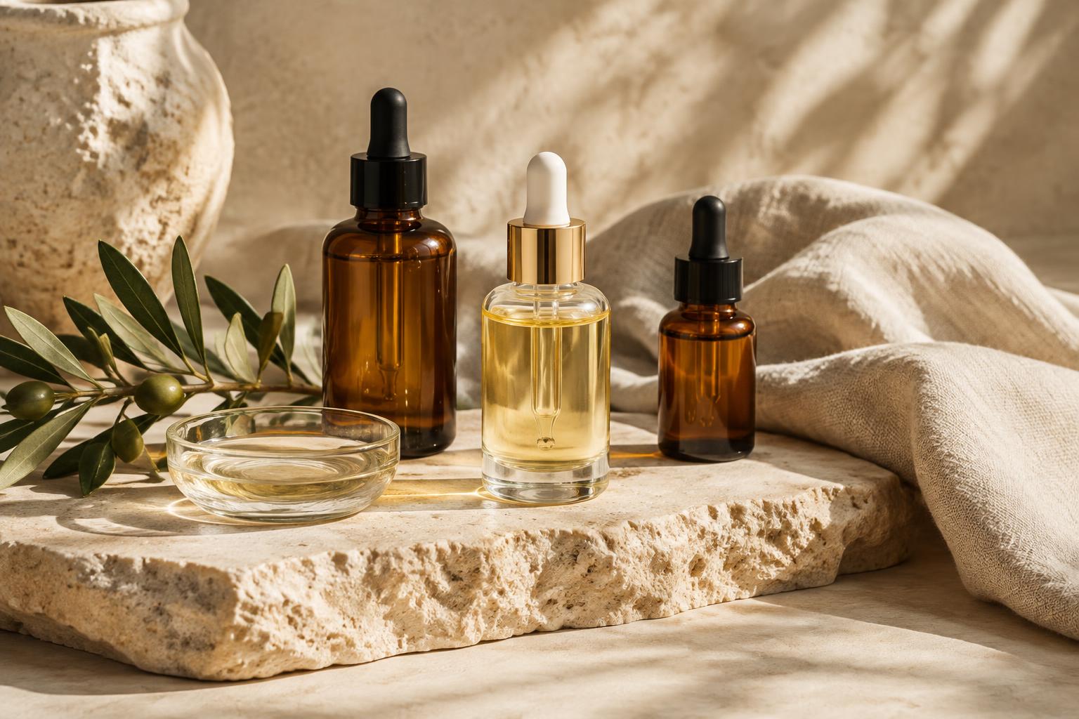 Unlabelled serum bottles and glassware on limestone beside natural linen