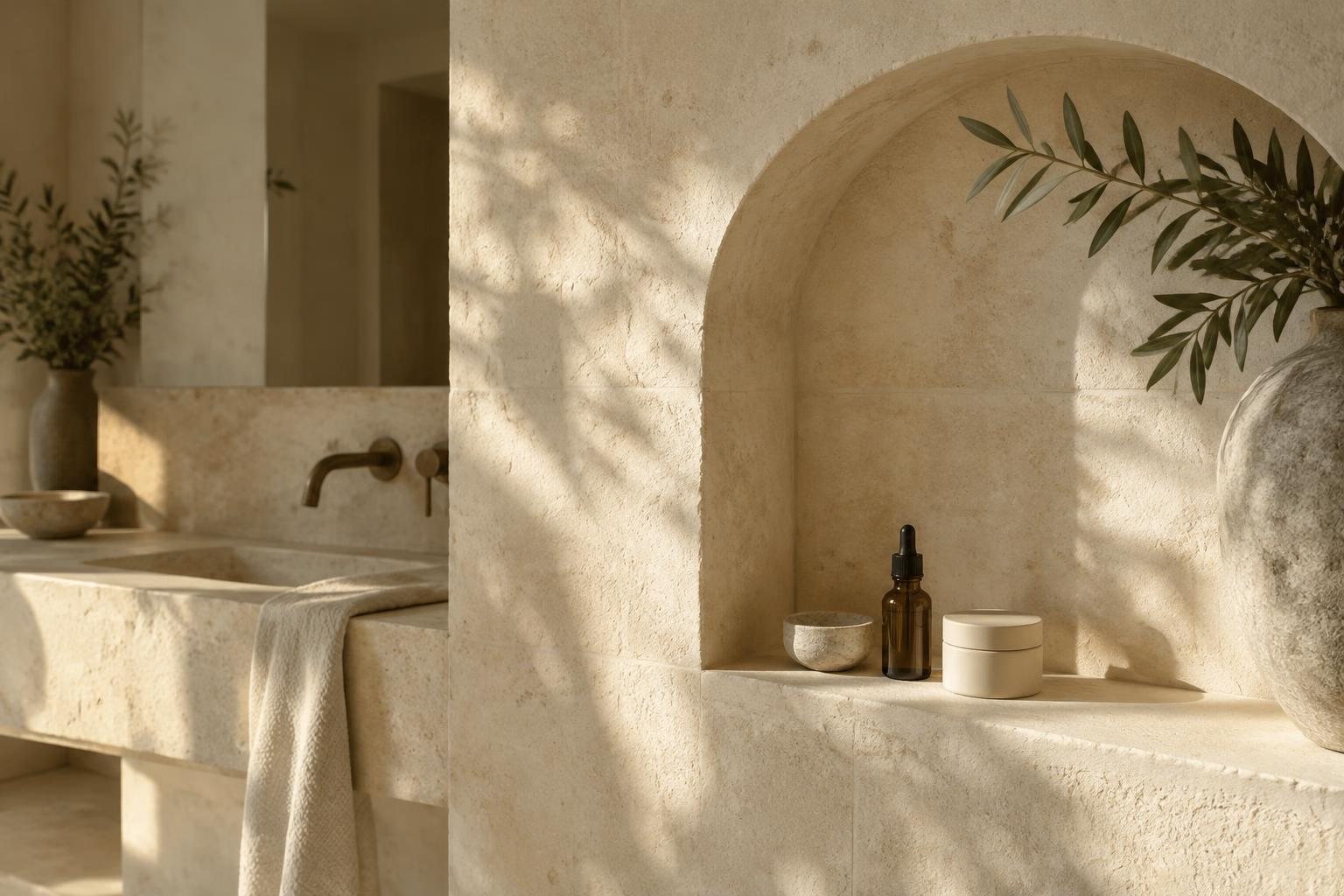 An unlabelled cream jar, serum dropper and ceramic dish sit in a sunlit limestone bathroom alcove.