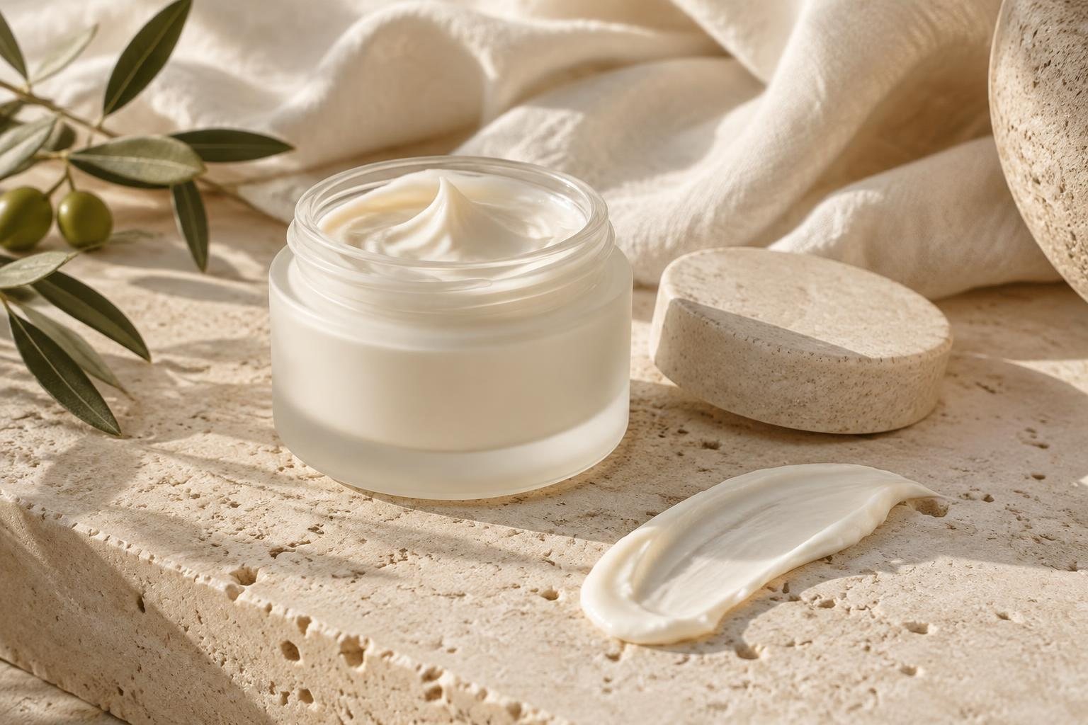 An open unlabelled cream jar and a smooth swipe of ivory cream on travertine beside folded linen.