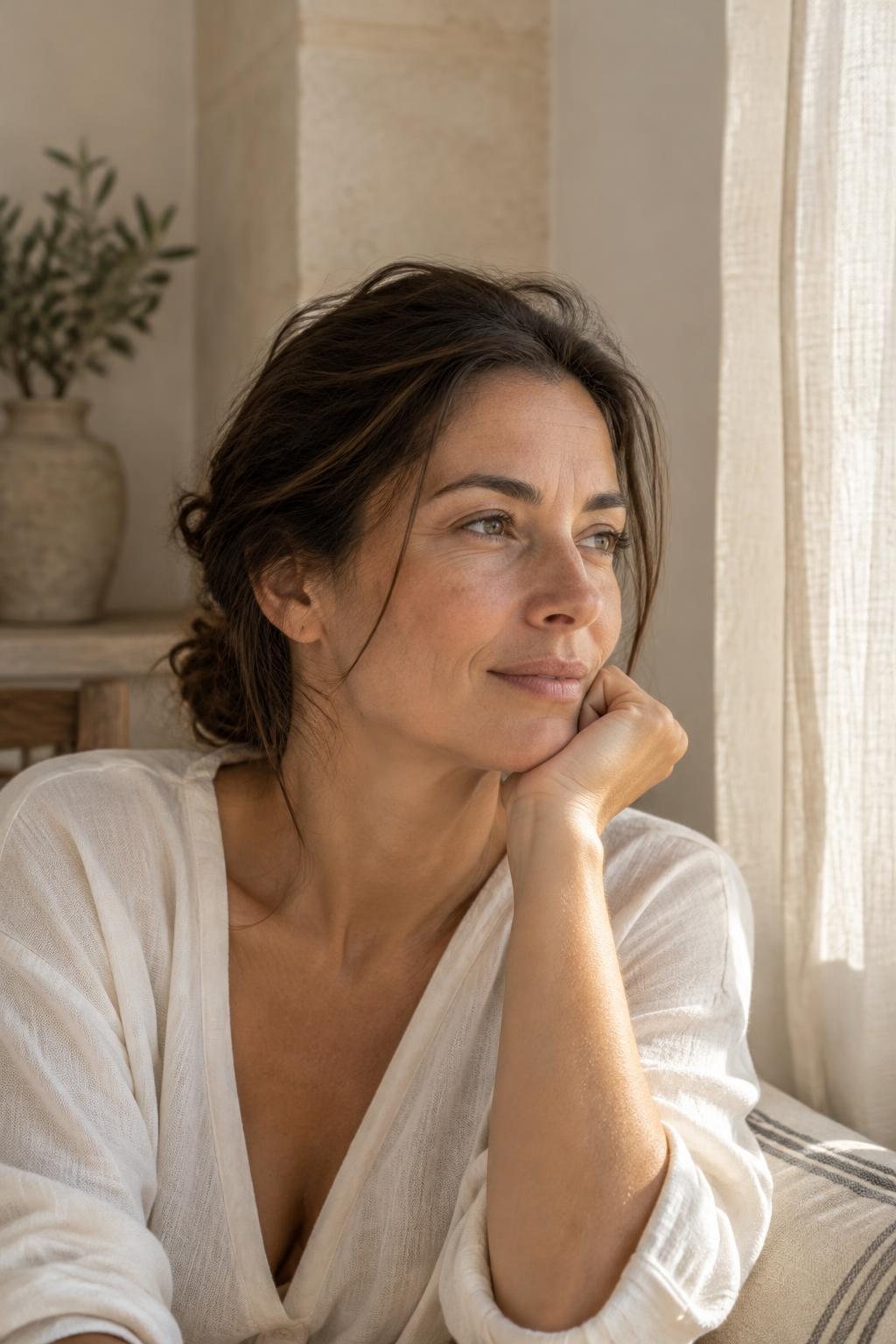 An adult woman with natural skin texture sits beside a softly sunlit Mediterranean window.