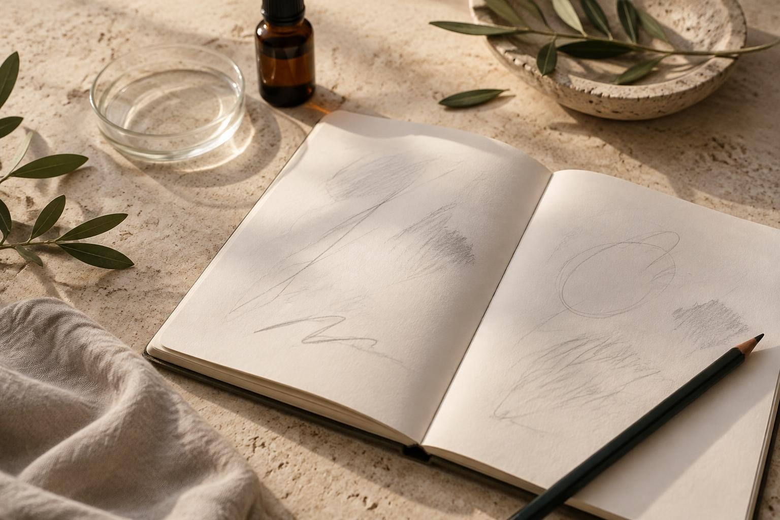 An open notebook with abstract pencil marks, a glass dish and an unlabelled amber bottle on limestone.