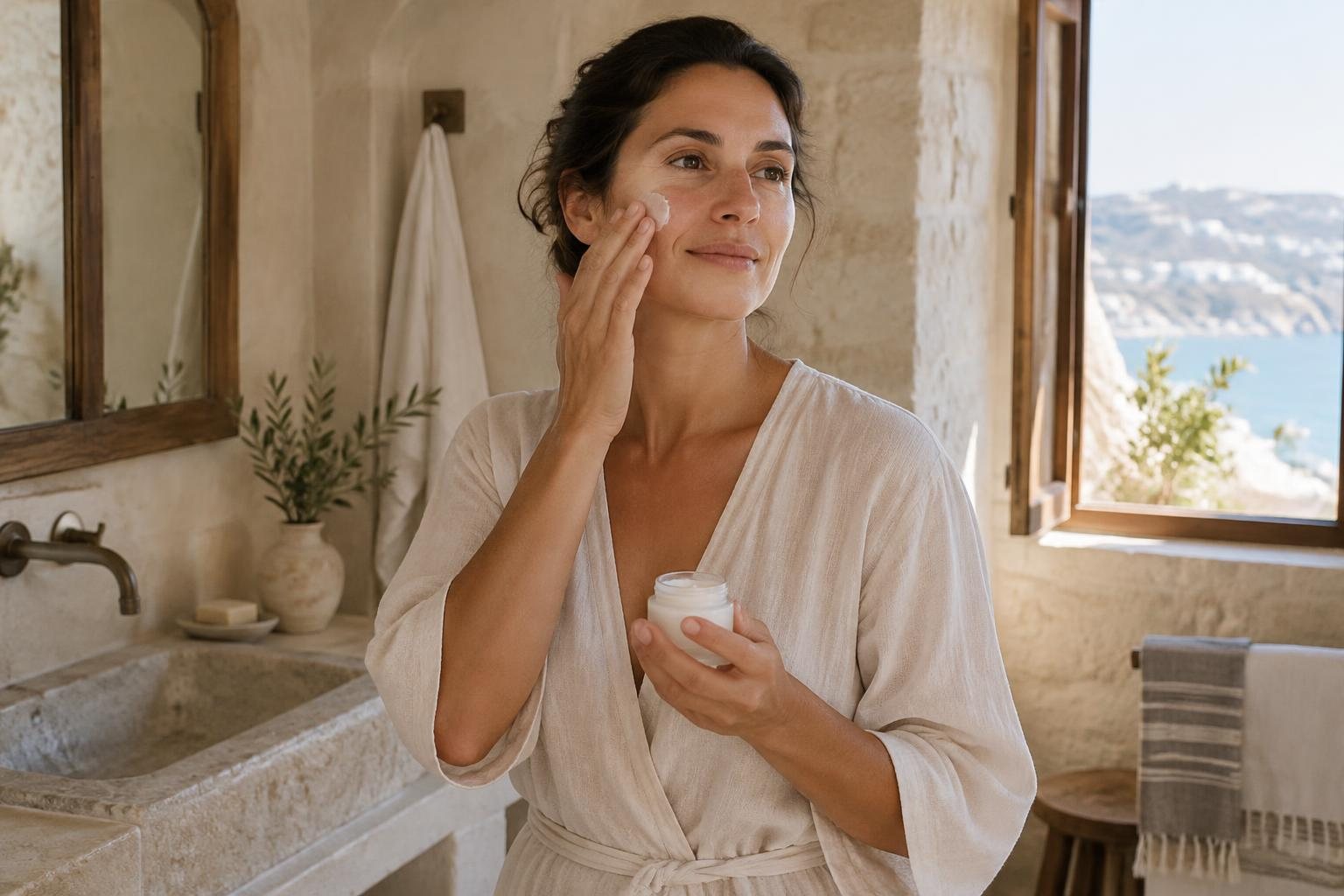 An adult woman gently applies a small amount of face cream beside a sunlit Mediterranean bathroom window.