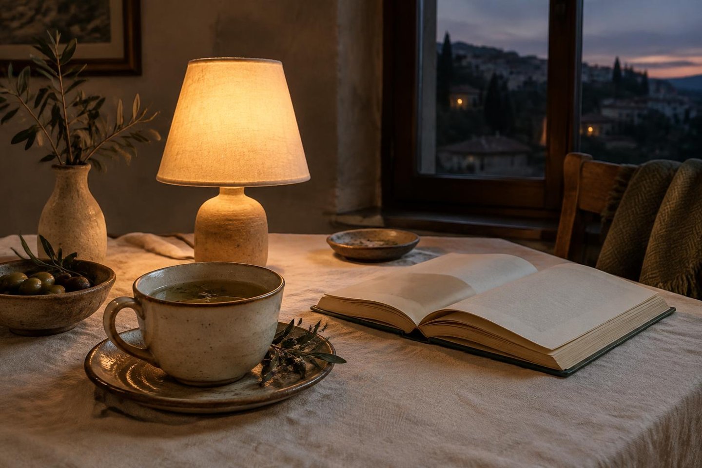 A ceramic cup of herbal tea and an open book on linen, lit by a small warm lamp as evening settles outside.