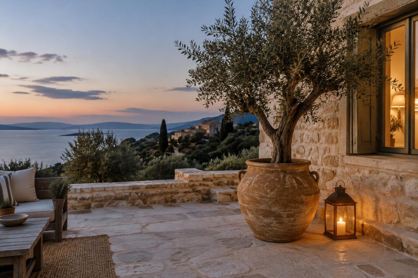 An olive tree in a terracotta pot on a limestone terrace at dusk, beside a softly glowing lantern and warm window.
