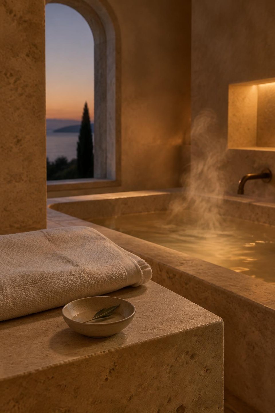An ivory linen towel and ceramic bowl with an olive leaf beside a steaming limestone bath in warm twilight.