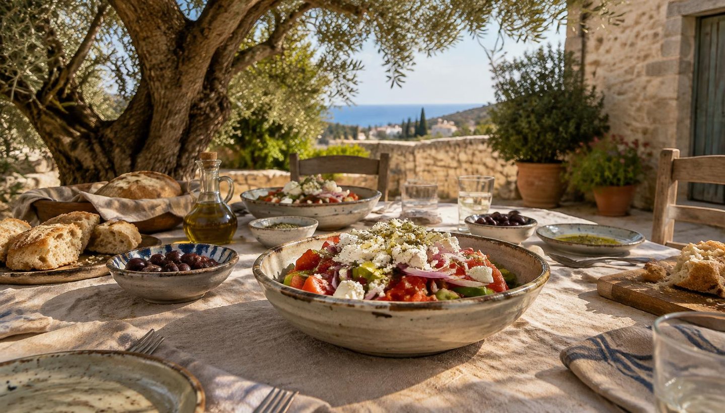 Village salad, olives and bread on a linen-covered limestone courtyard table beneath an olive tree.