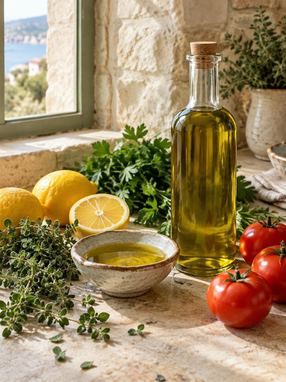 Olive oil, fresh lemons, oregano, parsley and tomatoes in a sunlit stone kitchen.