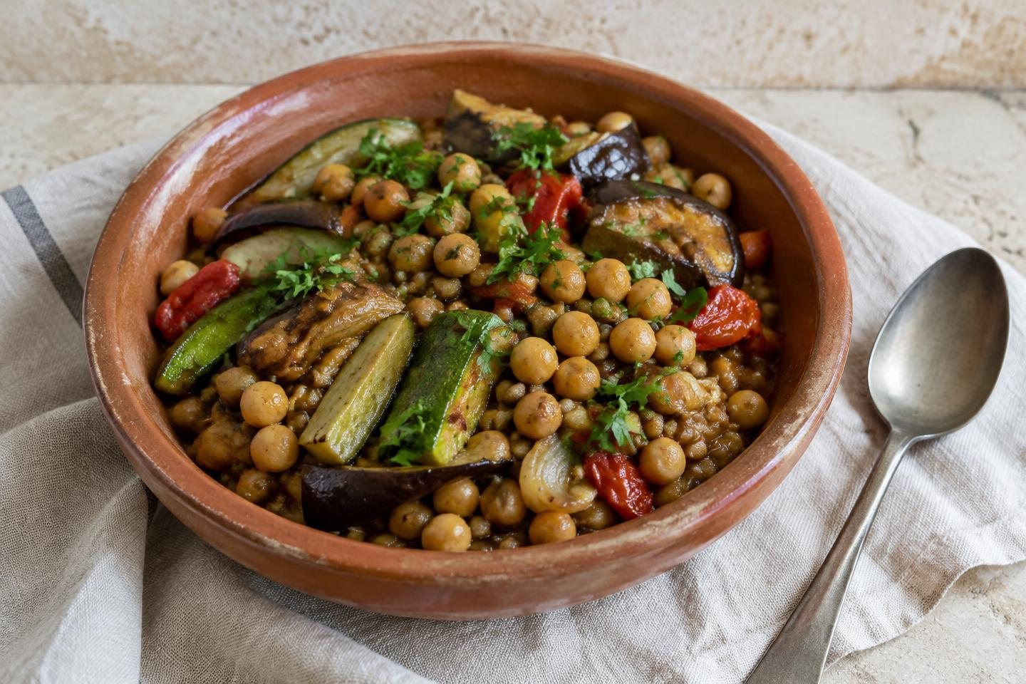 Chickpeas and lentils with roasted aubergine and seasonal vegetables in a terracotta bowl on linen.